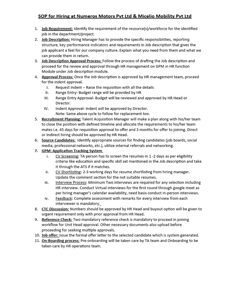 SOP For Hiring PDF Recruitment Business