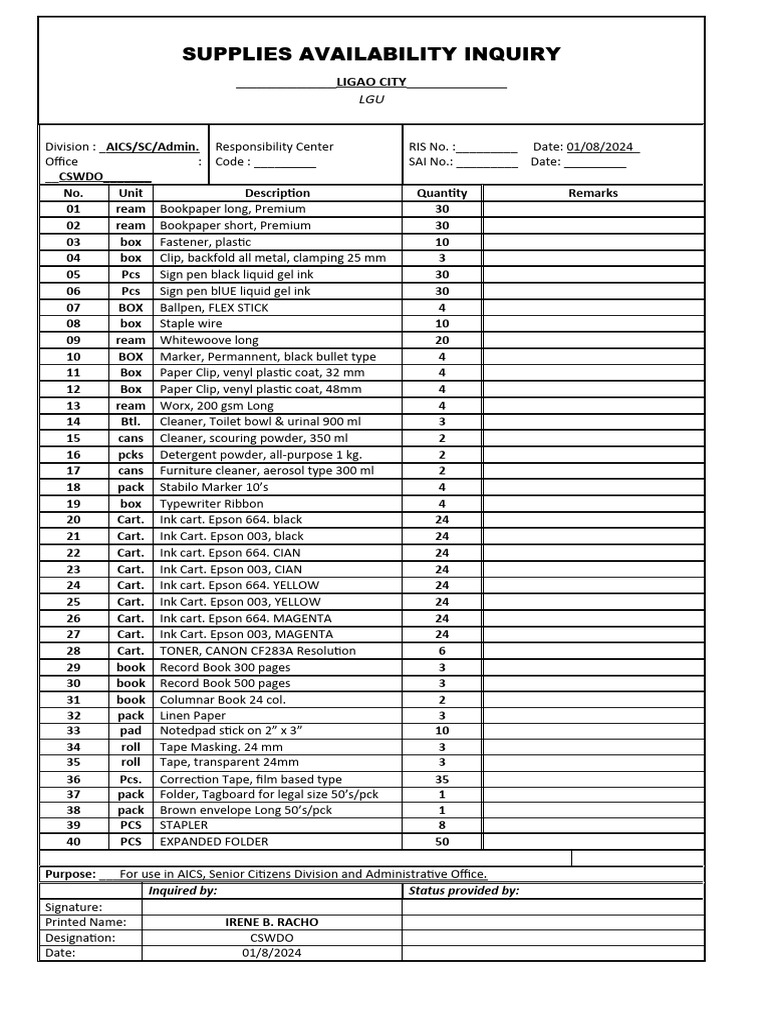 Status Availability Slip | PDF | Stationery | Office Equipment