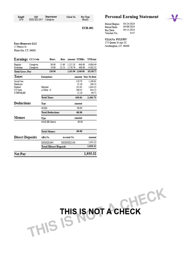 Caregiver Personal Earning Statement | PDF | 401(K) | United States Law