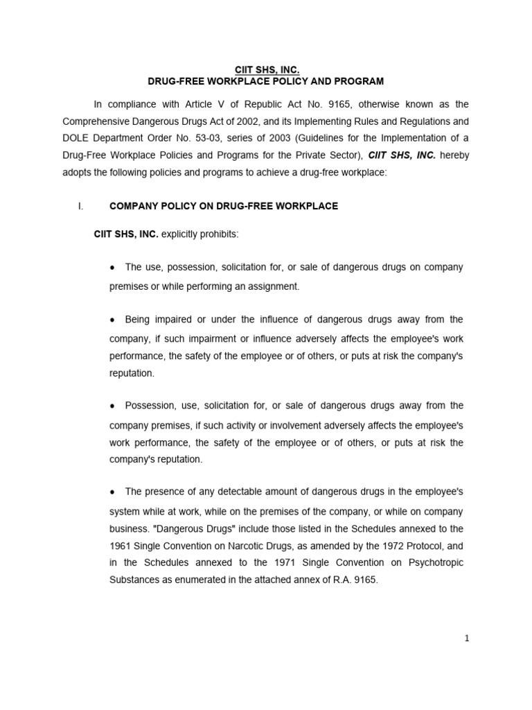 CIIT SHS Drug-Free Workplace Policy | PDF | Employment | Drug Test