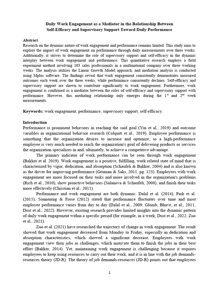 Work Engagement as Performance Mediator | PDF | Self Efficacy | Goal