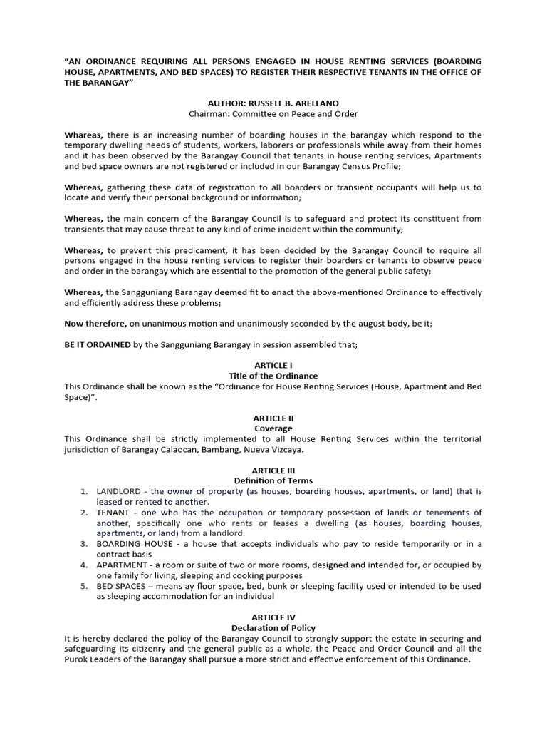 Boarding Ordinance PDF Landlord Justice