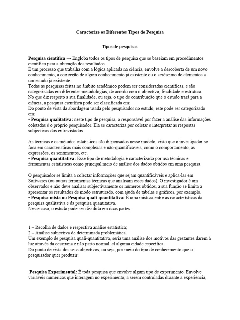 Caracterize Os Diferentes Tipos de Pesquisa | PDF | Science | Método ...