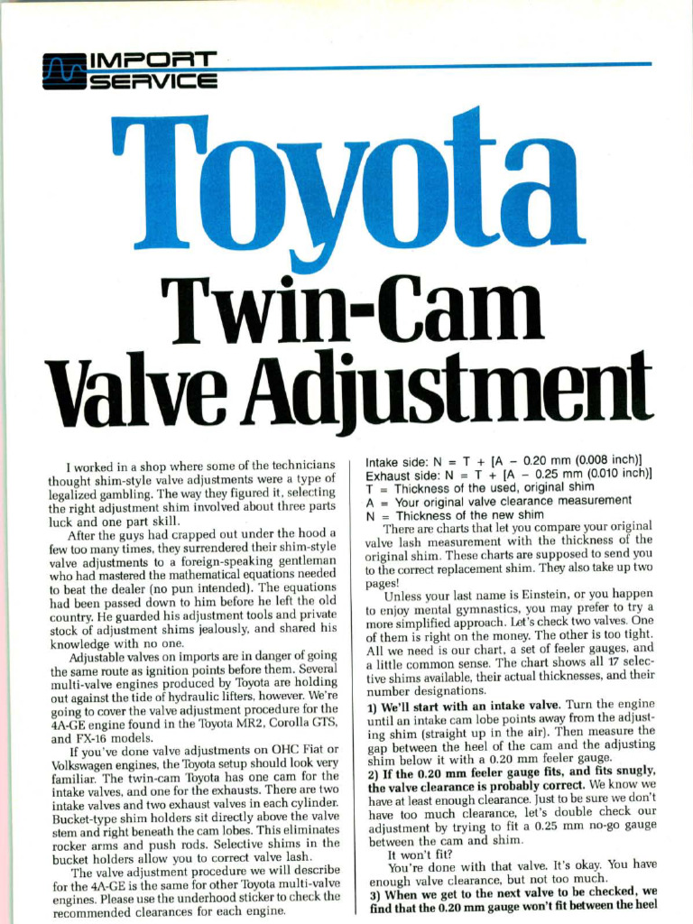 Toyota Twin Cam Valve Adjustment PDF
