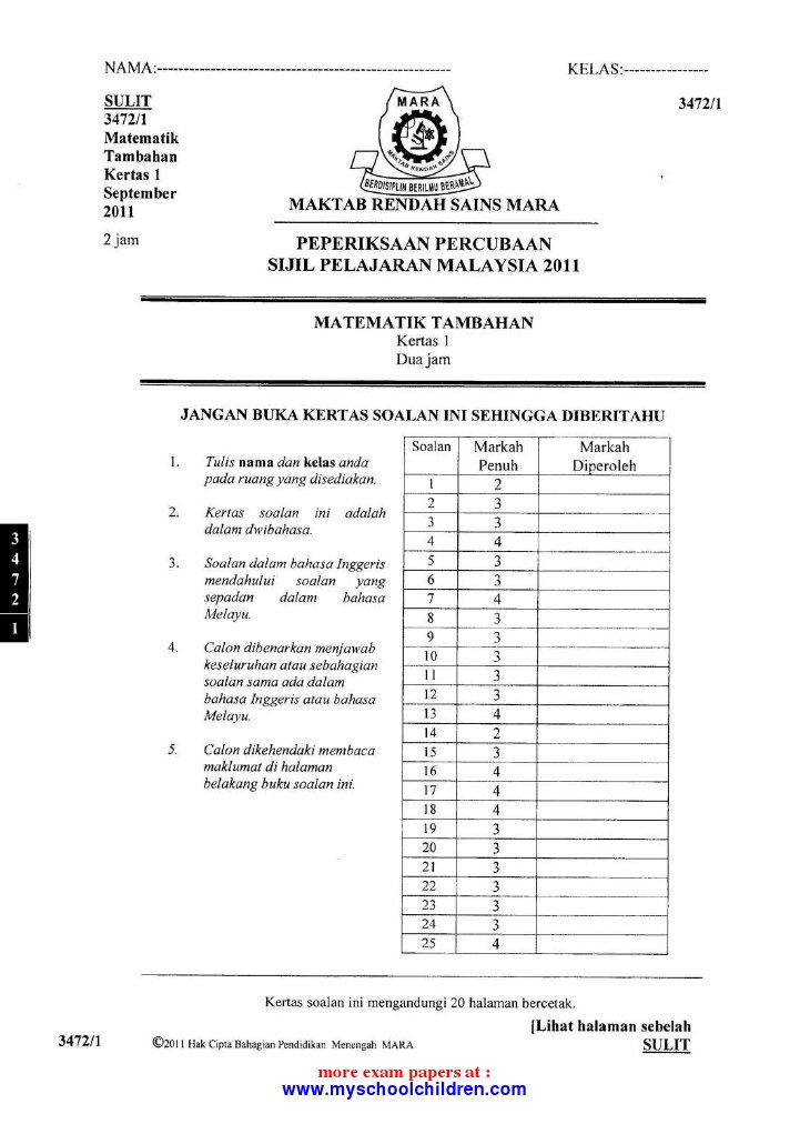 Percubaan Spm 2011 Mrsm Matematik Tambahan Kertas 1 2 39p Q Only Pdf