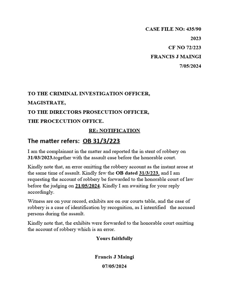 Robbery Case Notification by Francis Maingi | PDF
