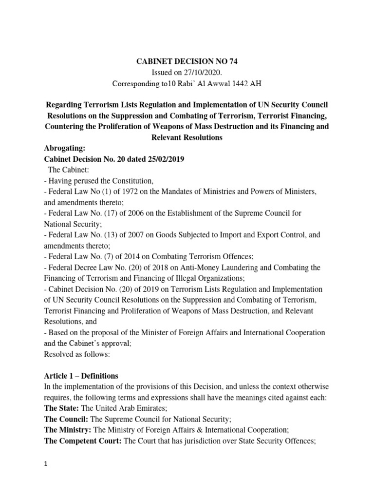 Cabinet Decision No. 74 of 2020 Overview | PDF | Terrorism Financing ...