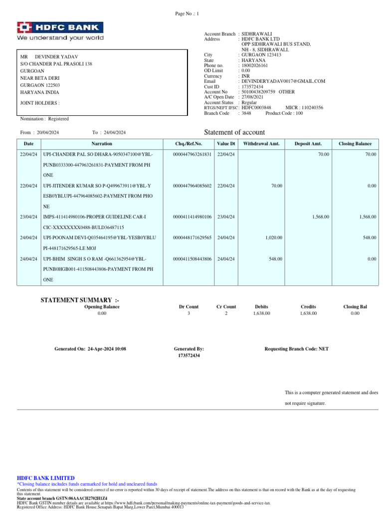 HDFC Bank Account Statement Summary | PDF | Banking | Financial Services