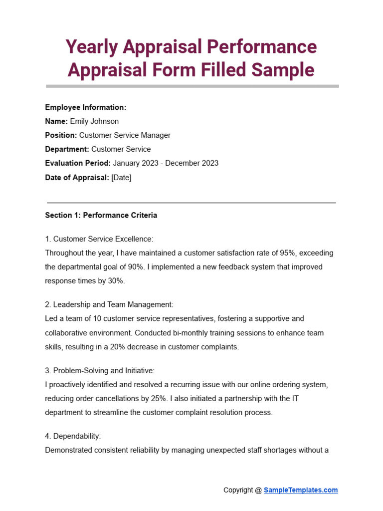 Yearly Appraisal Performance Appraisal Form Filled Sample PDF