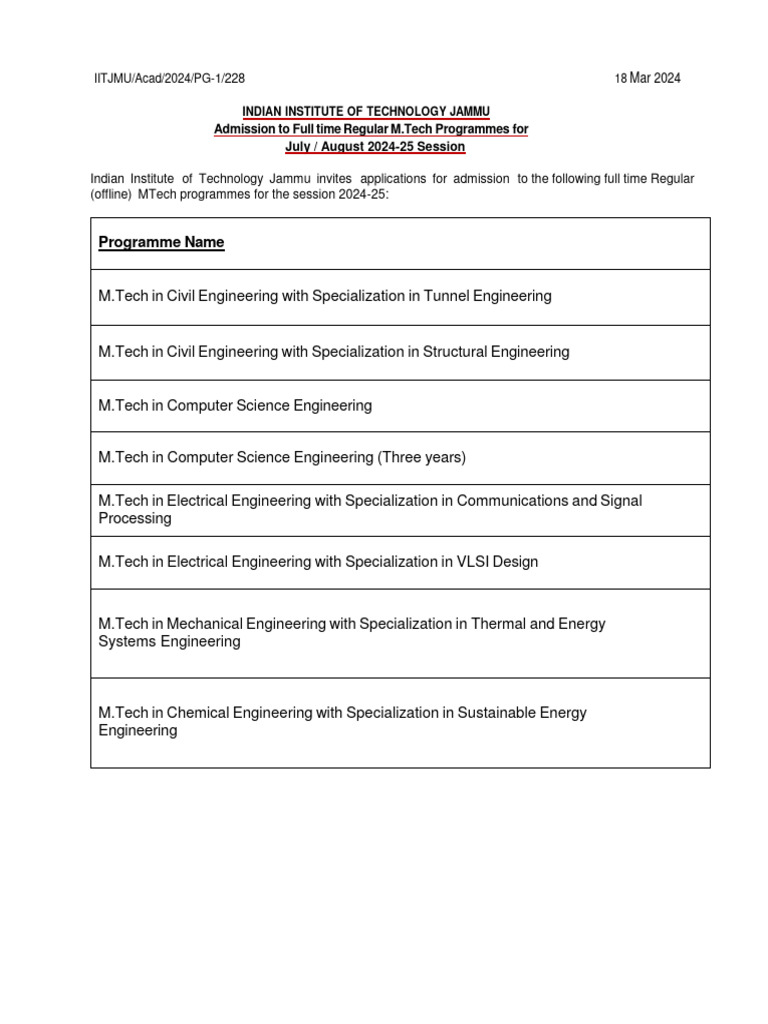 MTech Advertisement 2024-25 | PDF | University And College Admission ...