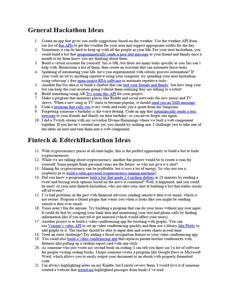 Hackathon Ideas for Coders | PDF | Internet Bot | Websites