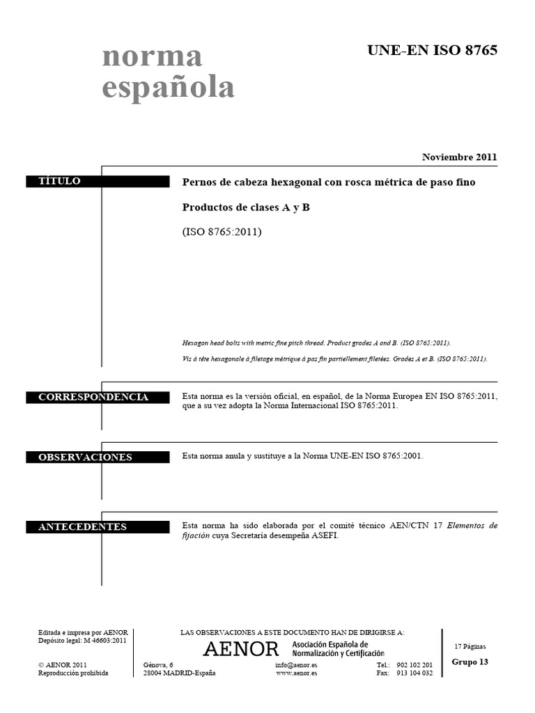 Pernos Hexagonales ISO 8765:2011 | PDF | Tornillo | Estandarización