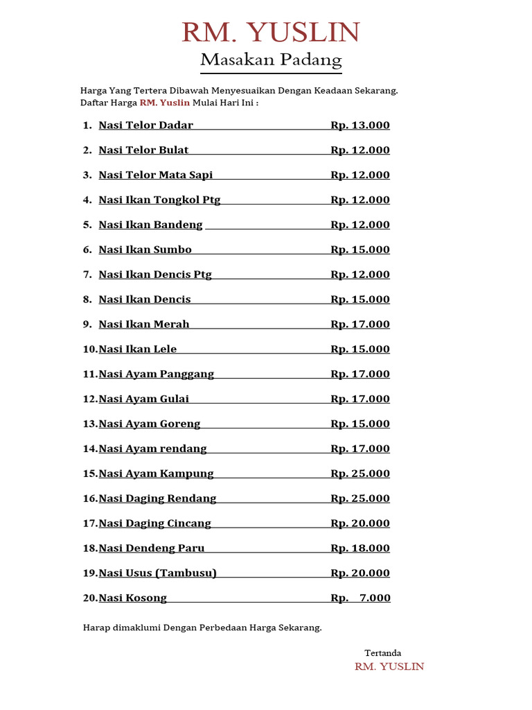 Daftar Menu Masakan Padang RM. Yuslin | PDF | Memasak, Makanan, & Anggur