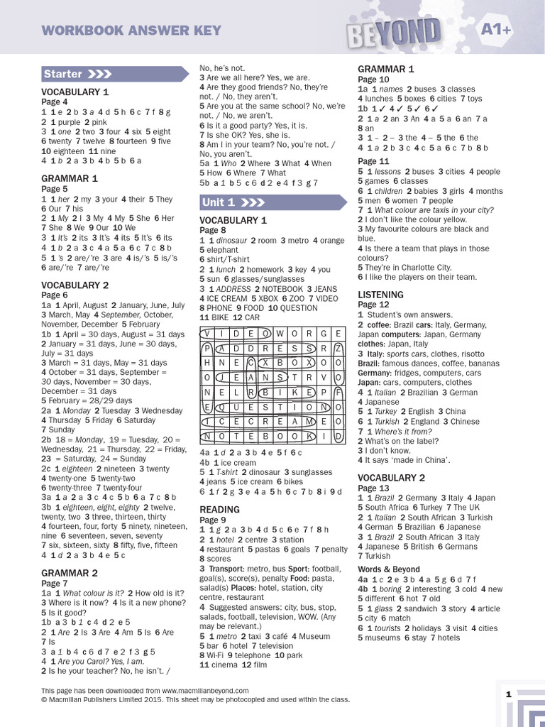 A1+workbook Answe | PDF | Adjective