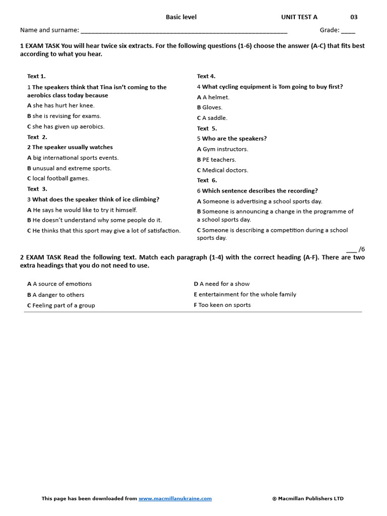 Unit Test 3A Basic Level | PDF