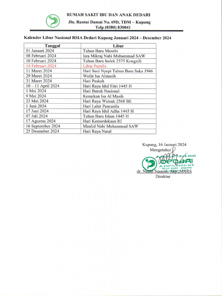 Kalender Libur Nasional Rsia Dedari | PDF