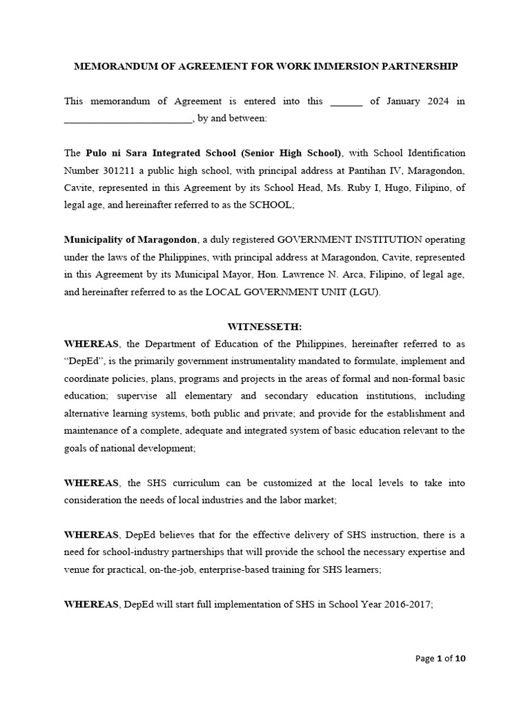 Memorandum of Agreement For Work Immersion Partnership (Lgu) | Download ...