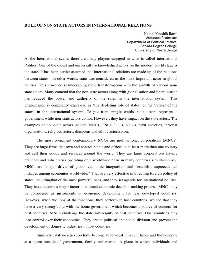 Role Of Nonstate Actors In Ir Pdf International Relations Non