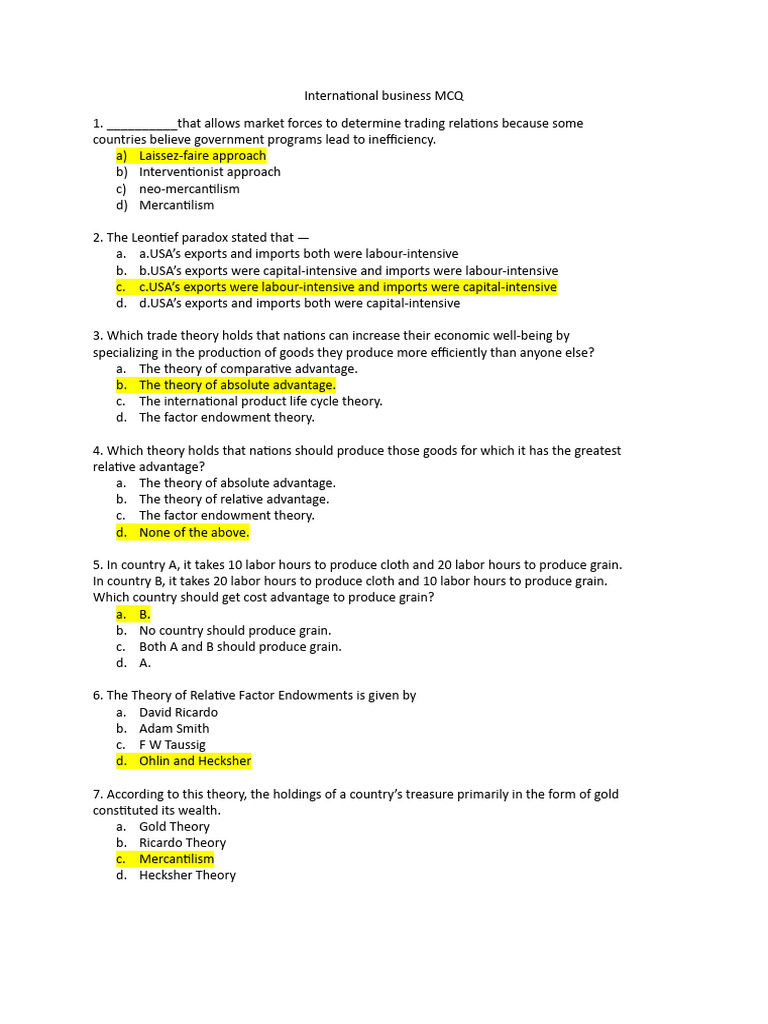 International Business MCQs Overview | PDF | Cost Of Living | Foreign ...