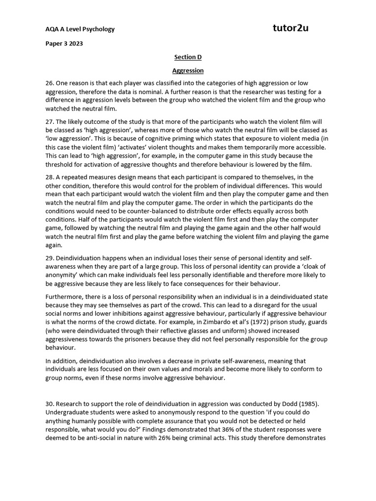 Aggression Model Answers 2023 Pdf Psychology Behavioural Sciences