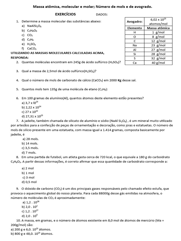 Exercícios sobre Massa Molar e Mol | PDF | Mol (unidade) | Dióxido de ...