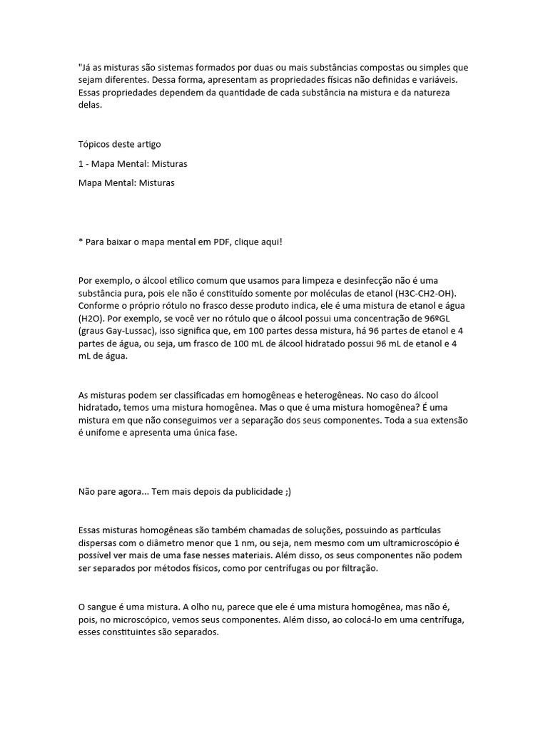 Já As Misturas São Sistemas Formados Por Duas Ou Mais Substâncias ...