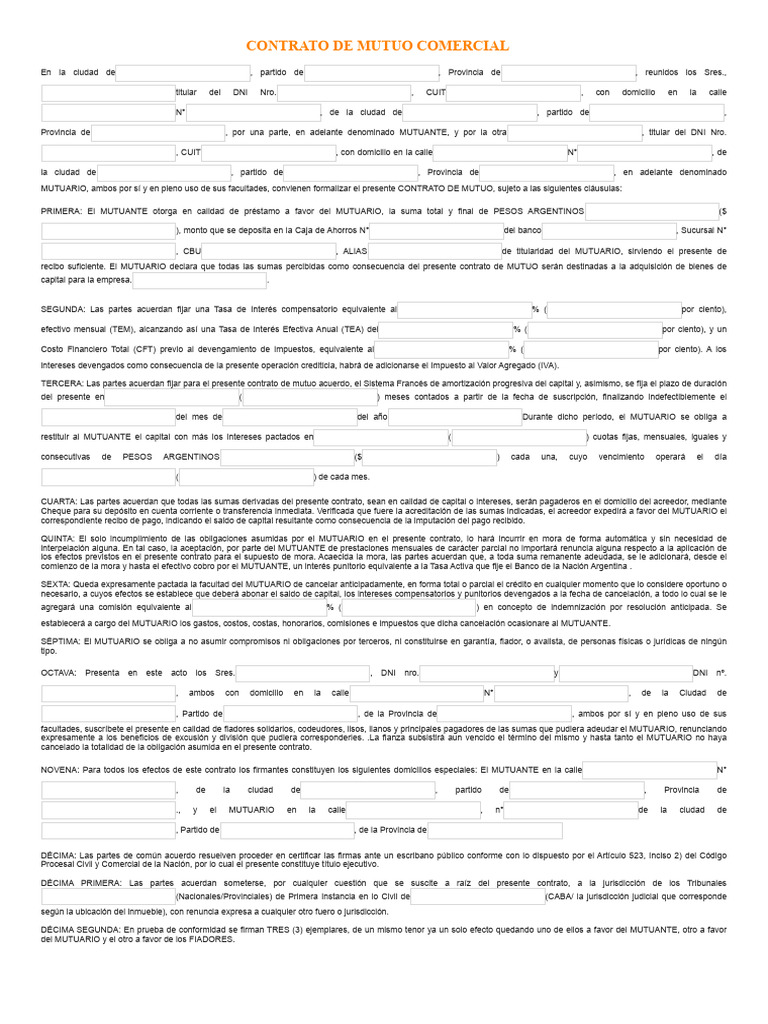 Contrato de Mutuo Comercial en Argentina | PDF