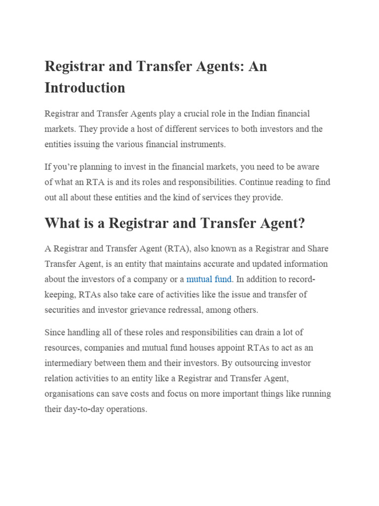 Understanding Registrar and Transfer Agents | PDF | Investment Fund ...