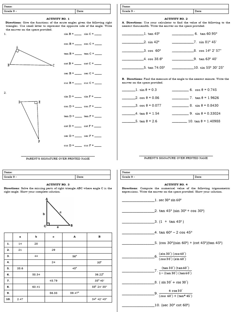 Grade 9 Trigonometry Activities Guide | PDF | Triangle | Angle