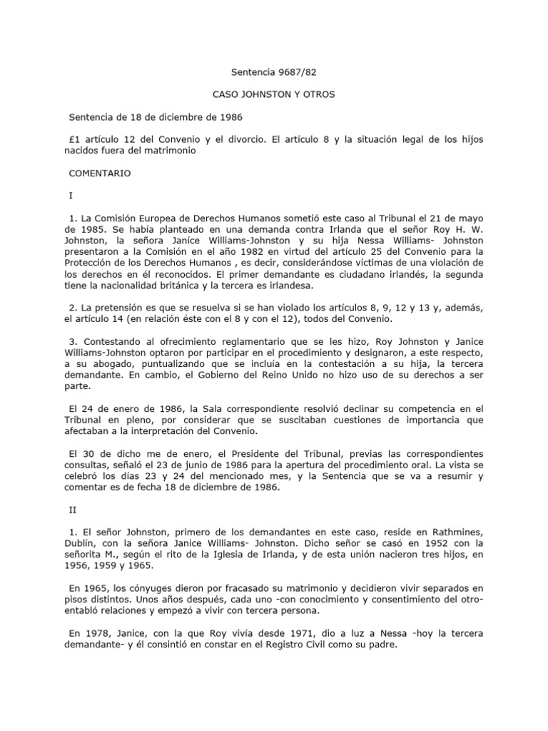 Case of johnston and others v ireland spanish translation summary