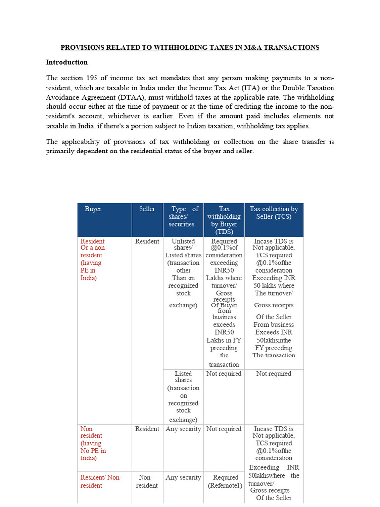 Provisions Related To Withholding Taxes in M&A Transactions | PDF ...