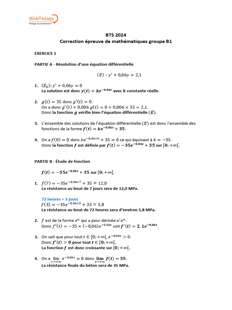 Correction Maths BTS 2024 - Groupe B1 | PDF | Loi normale | Mesure ...