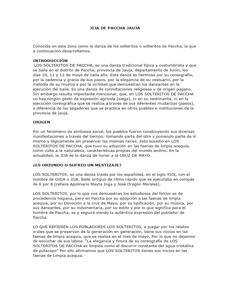 Danza Solteritos de Paccha: Tradición y Vestuario | PDF | Bailes | Las ...