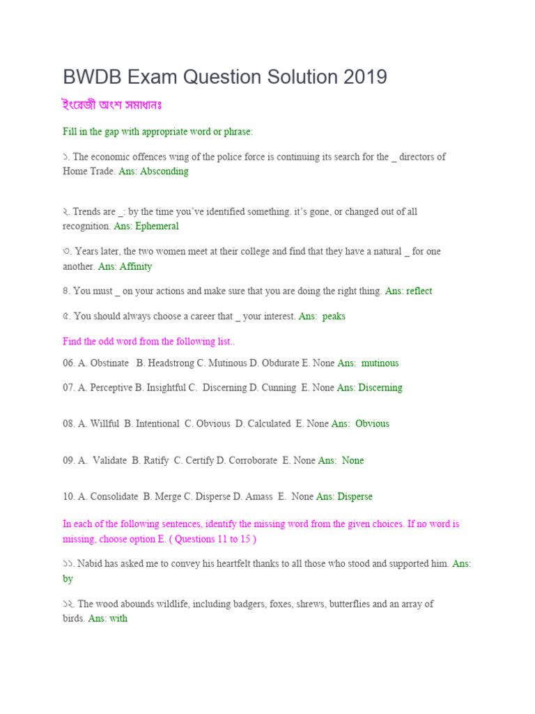 BWDB Exam Question Solution 2019: Fill in The Gap With Appropriate Word ...