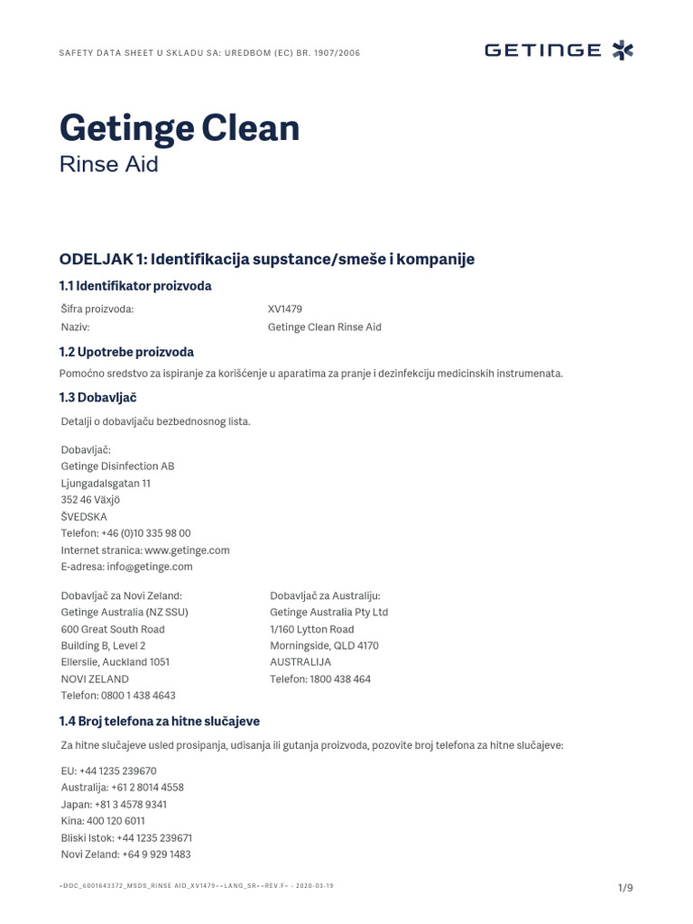 Msds Rinse Aid xv1479 Rs Revf | PDF