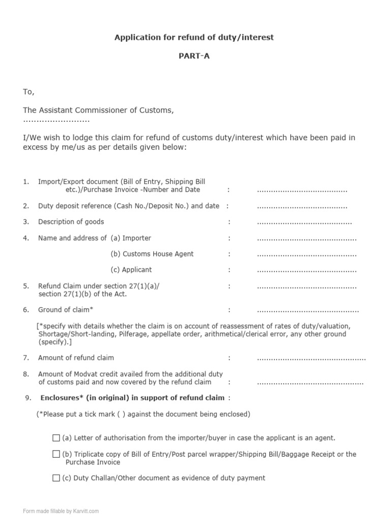 Application Form For Customs Refund | PDF | Receipt | Customs