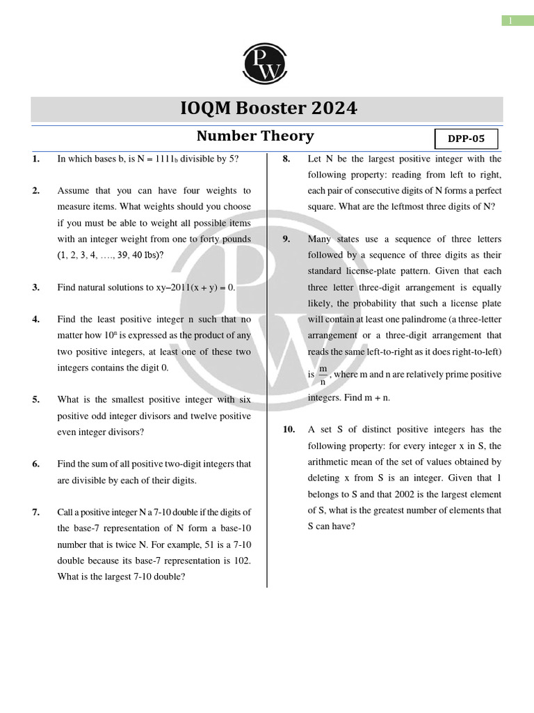 Number theory dpp 05 ioqm booster batch 2024 1 pdf