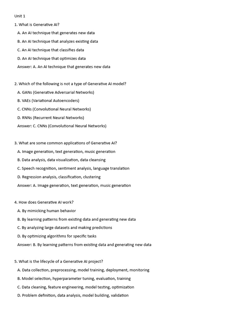 Gen ai mcqs unit wise pdf artificial intelligence intelligence