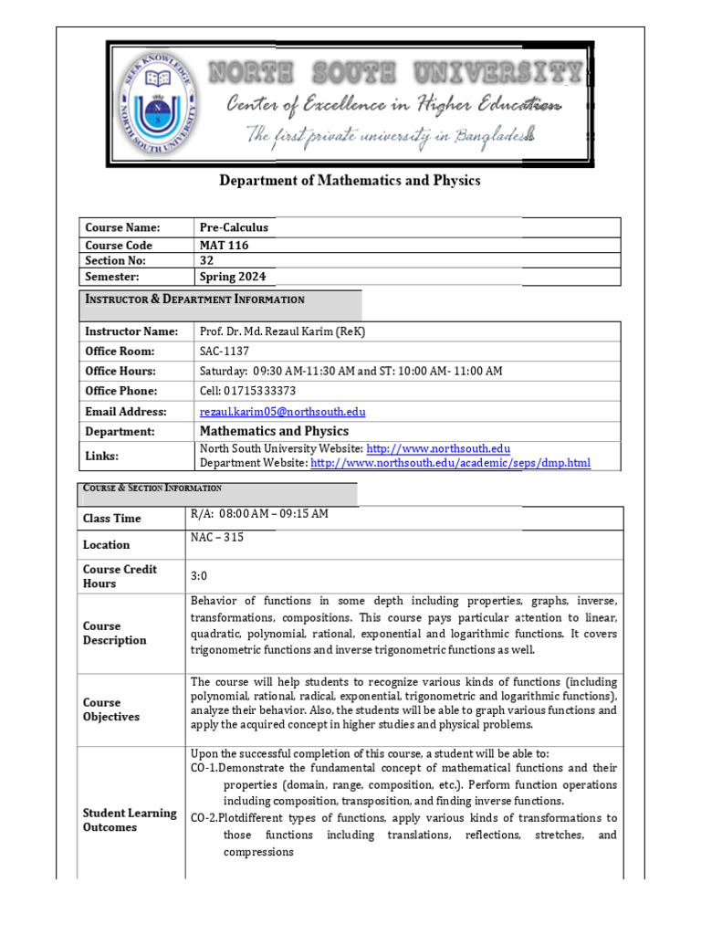 Course Outline MAT 116 | PDF | Trigonometric Functions | Function ...