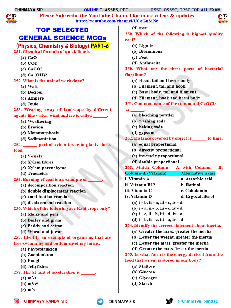 General Science MCQs for Competitive Exams | PDF | Acid | Cell (Biology)