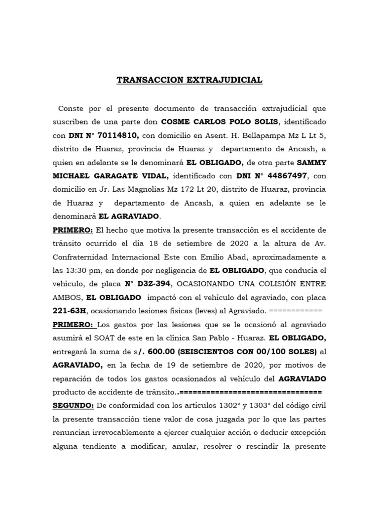Transacción Extrajudicial por Accidente | PDF