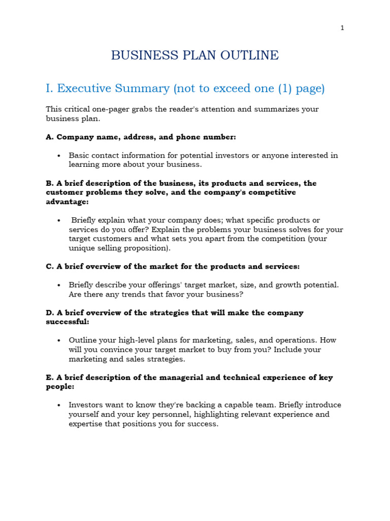 Business Plan Outline Template | PDF | Marketing | Balance Sheet