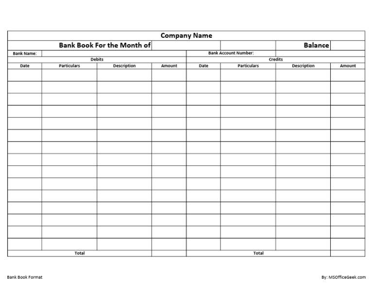 Monthly Bank Book Format Template | PDF