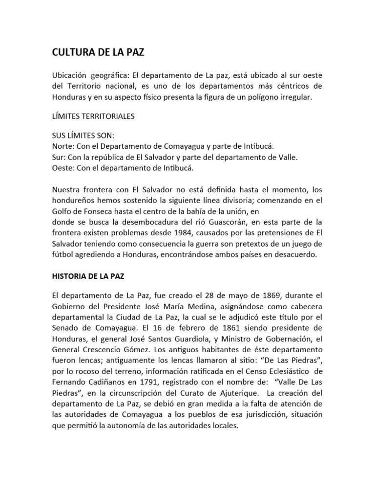 Historia CULTURA DE LA PAZ | PDF | Honduras | Alimentos