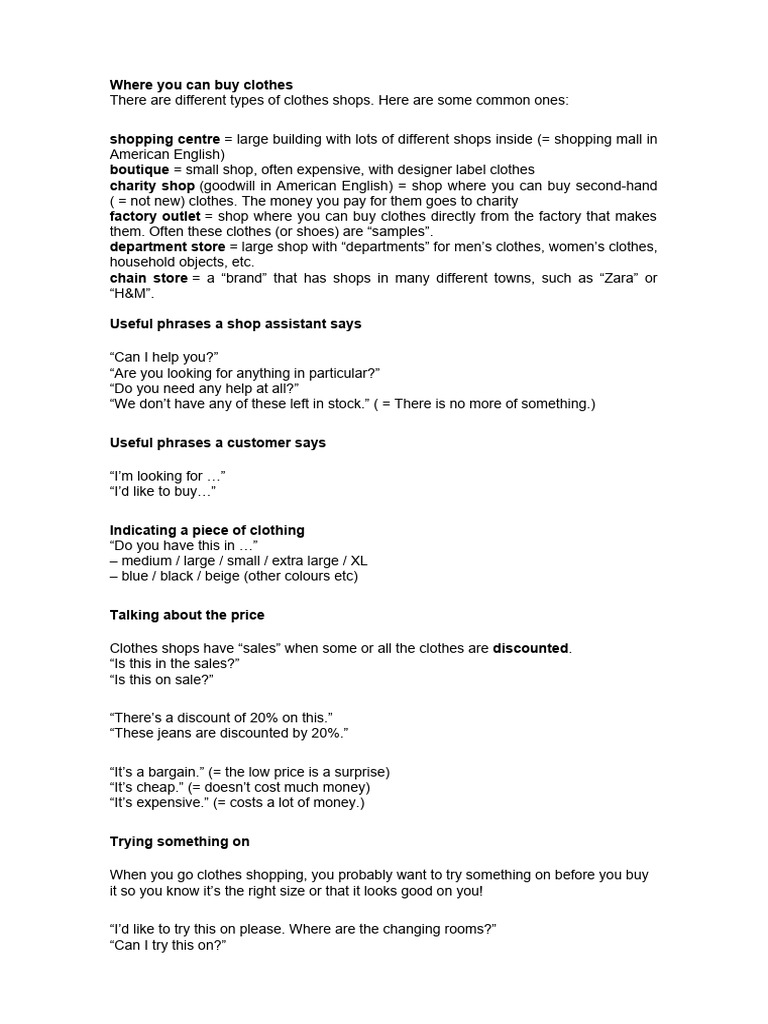 Clothing Shop Vocabulary Guide | PDF | Clothing | Fashion