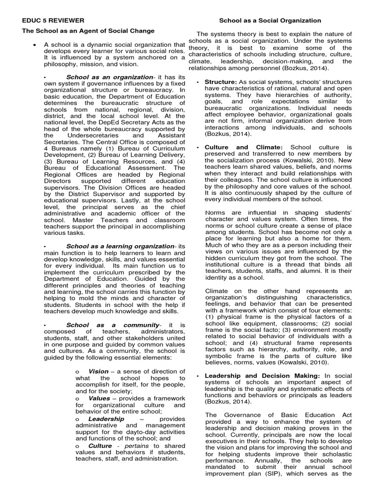 Educ 5 Reviewer | PDF | Bureaucracy | Leadership
