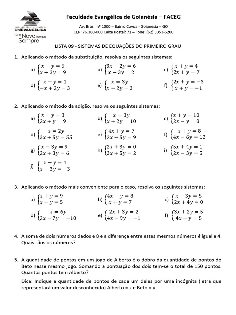 Lista 09 - Sistemas de Equações Do Primeiro Grau | PDF | Cães
