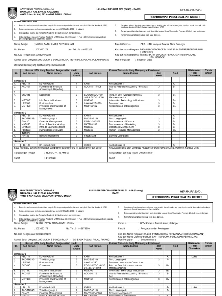 Panduan Permohonan Pengecualian Kredit UiTM | PDF