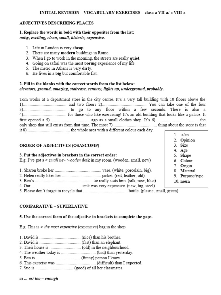 INITIAL REVISION - Vocabulary Exercise - Clasa A 7 - 8 - Access2tests ...
