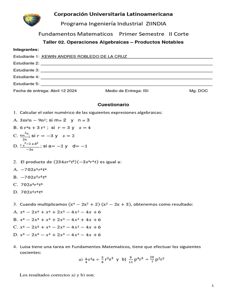 Taller de Operaciones Algebraicas | PDF | Matemáticas | Álgebra